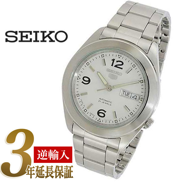 【日本製 逆輸入SEIKO5】セイコーファイブ デイデイトカレンダー メンズ自動巻き腕時計 ホワイトダイアル シルバーステンレスベルト SNKM73J1