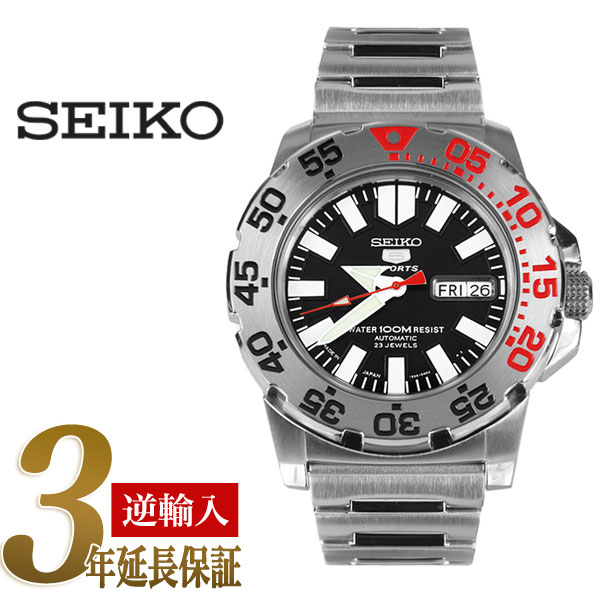 【日本製逆輸入SEIKO5SPORTS】セイコーファイブ メンズ デイデイトカレンダー搭載自動巻き腕時計 ブラックダイアル シルバーステンレスベルト SNZF47J1