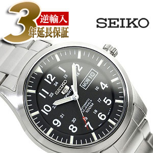 【逆輸入SEIKO5】セイコー5 メンズ自動巻き腕時計 ツヤ消しシルバーケース ブラックダイアル シルバーステンレスベルト SNZG13K1