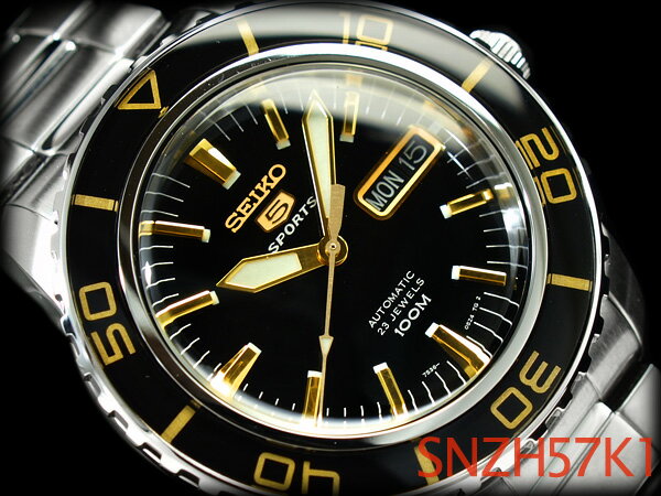 【逆輸入SEIKO5 SPORTS】セイコー5 メンズ 自動巻き 腕時計 ブラック×ゴールド ステンレスベルト SNZH57K1