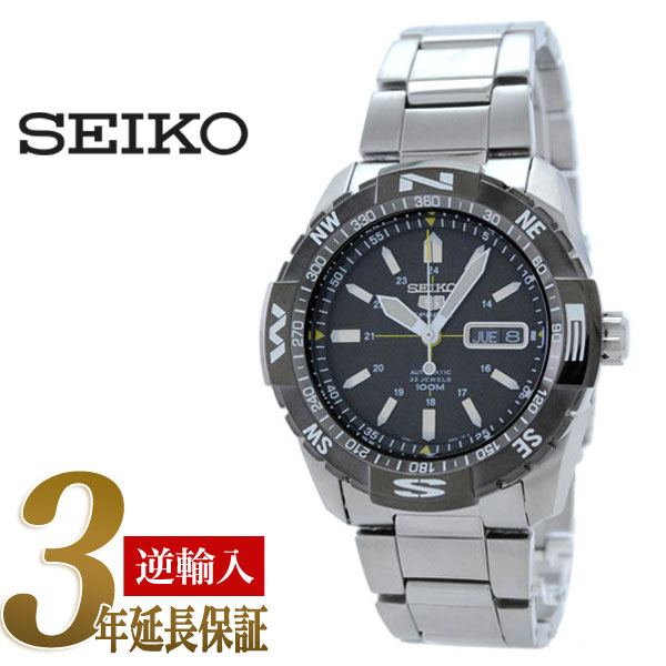 【逆輸入SEIKO5SPORTS】セイコー5スポーツ メンズ自動巻き腕時計 ブラックベゼル ブラックダイアル シルバーステンレスベルト SNZJ07K1