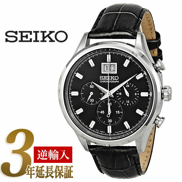 【逆輸入SEIKO】セイコー クロノグラフ メンズ腕時計 ブラック×シルバーダイアル グレー レザーベルト SPC083P2