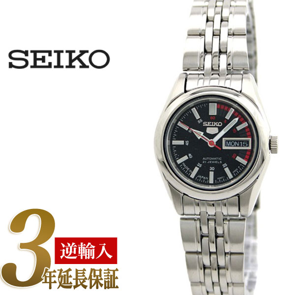 【日本製逆輸入SEIKO5】セイコー5 レディース自動巻き腕時計 ブラック×レッド グレーダイアル シルバーステンレスベルト SYMA43J1
