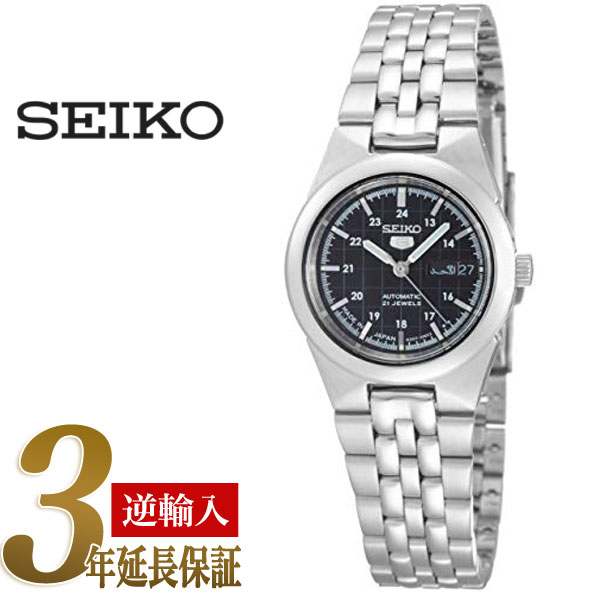 【日本製逆輸入SEIKO5】セイコー5 レディース自動巻き腕時計 ブラックダイアル シルバーステンレスベルト SYMG67J1