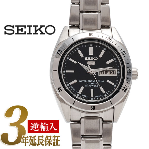 【逆輸入SEIKO5】セイコー5 レディース自動巻き手巻き式腕時計 ブラックダイアル シルバーステンレスベルト SYMH07J1