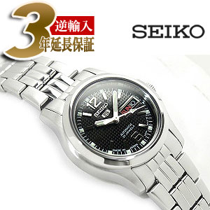 【日本製逆輸入SEIKO 5】セイコー5 自動巻き+手巻き レディース腕時計 ブラック×シルバーダイアル シルバーステンレスベルト SYMJ33J1