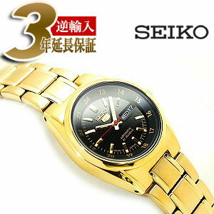 【日本製逆輸入SEIKO 5】セイコー5 自動巻き+手巻き レディース腕時計 ブラック×ゴールドダイアル ゴールドステンレスベルト SYMJ44J1