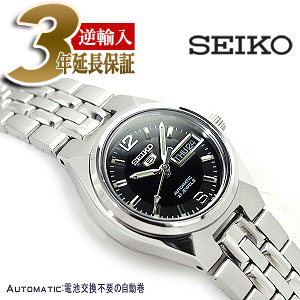 【逆輸入SEIKO 5】セイコー5 自動巻き+手巻き レディース腕時計 ブラックダイアル シルバーステンレスベルト SYMK33K1