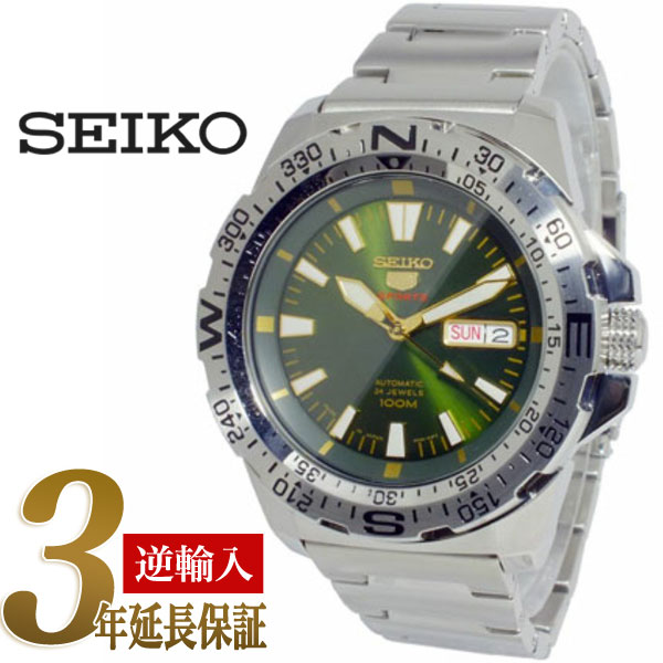 【日本製 逆輸入 SEIKO5】セイコー5 スポーツ メンズ 自動巻き式腕時計 グリーン×ゴールドダイアル シルバーステンレスベルト SRP537J1