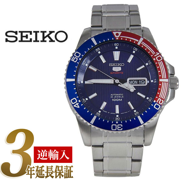 【日本製 逆輸入 SEIKO5】セイコー5 スポーツ メンズ 自動巻き式腕時計 ブルー×レッドベゼル　ブルー ストライプ柄 ダイアル シルバーステンレスベルト SRP551J1