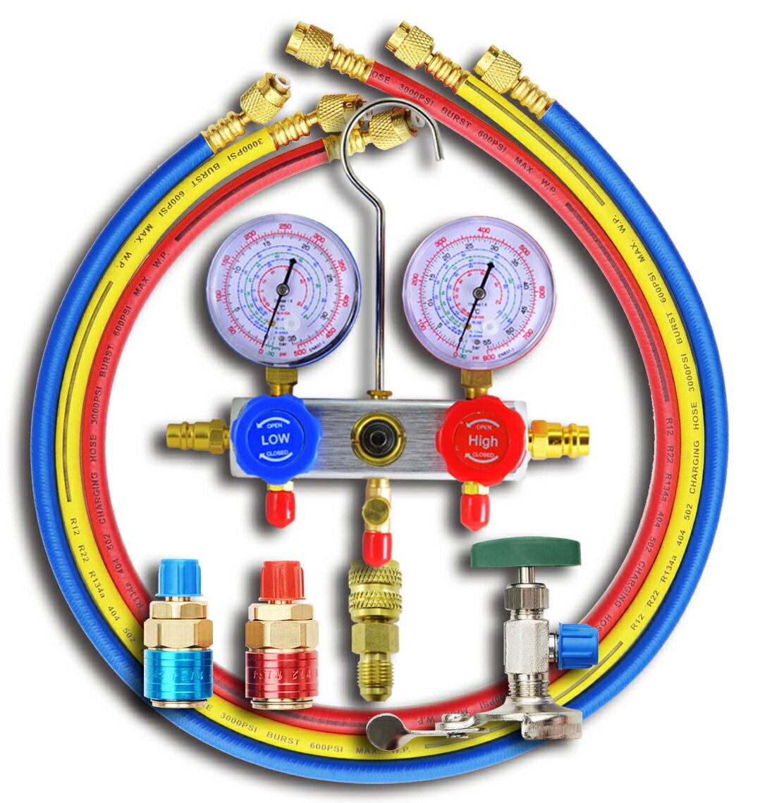 【スーパーSALE ポイント10倍】 エアコンガスチャージ マニホールドゲージ R134a R32 R410a R404a 対応冷媒 カーエアコン ルームエアコン 缶切＆クイックカプラー付 空調 補充 充填 工具 エア…