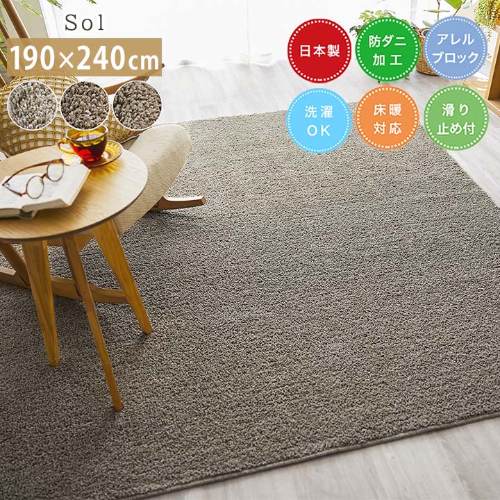樂天商城 - ラグ ソル [sn] Lサイズ(約3畳): 190×240cm ラグ 3畳 日本製 防ダニ 床暖房対応 ホットカーペット対応 すべり止め スミノエ 長方形 おしゃれ 洗える アレルゲンブロック 洗濯 無地