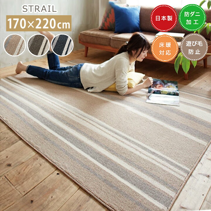 樂天商城 - ラグ ストレイル [sn] Mサイズ: 170×220cm ラグ 日本製 防ダニ 床暖房 ホットカーペット対応 スミノエ おしゃれ 正方形 柄 ストライプ ベージュ ブラウン 遊び毛防止
