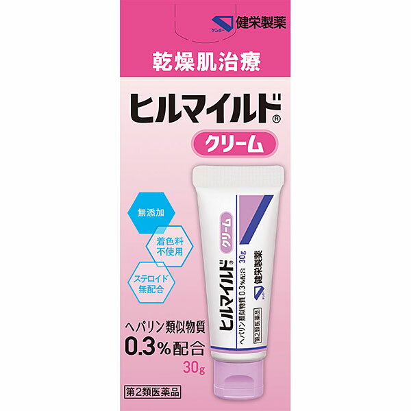 【商品説明】ヘパリン類似物質0.3％配合 しっとり潤うクリームタイプ 顔や手足の乾燥肌治療に ●使いやすいワンタッチキャップ採用 ●ステロイド無配合 ●無着色 ヘパリン類似物質の作用 保湿作用 血行促進作用 抗炎症作用【使用上の注意】＜してはいけないこと＞ （守らないと現在の症状が悪化したり、副作用が起こりやすくなります） 1．次の人は使用しないでください （1）出血性血液疾患（血友病、血小板減少症、紫斑病等）の人。 （2）わずかな出血でも重大な結果をきたすことが予想される人。（血液凝固抑制作用を有し出血を助長するおそれがあります。） 2．次の部位には使用しないでください 目や目の周囲、粘膜（口腔、鼻腔、膣等）。 ＜相談すること＞ 1．次の人は使用前に医師、薬剤師又は登録販売者に相談してください （1）医師の治療を受けている人。 （2）薬などによりアレルギー症状を起こしたことがある人。 （3）湿潤やただれのひどい人。 2．使用後、次の症状があらわれた場合は副作用の可能性があるので、直ちに使用を中止し、この外箱を持って医師、薬剤師又は登録販売者に相談してください 関係部位・・・症状 皮ふ・・・発疹・発赤、かゆみ、はれ、紫斑 3．5〜6日間使用しても症状がよくならない場合は使用を中止し、この外箱を持って医師、薬剤師又は登録販売者に相談してください【成分・分量】100g中 成分・・・分量 ヘパリン類似物質・・・0.3g 添加物：サラシミツロウ、パラフィン、マイクロクリスタリンワックス、白色ワセリン、エデト酸ナトリウム水和物、ジブチルヒドロキシトルエン、グリセリン、軽質流動パラフィン、スクワラン、グリセリン脂肪酸エステル、ポリオキシエチレンセチルエーテル、パラオキシ安息香酸プロピル、パラオキシ安息香酸メチル【効能・効果】手指の荒れ、ひじ・ひざ・かかと・くるぶしの角化症、手足のひび・あかぎれ、乾皮症、小児の乾燥性皮ふ、しもやけ（ただれを除く）、きず・やけどのあとの皮ふのしこり・つっぱり（顔面を除く）、打身・ねんざ後のはれ・筋肉痛・関節痛【用法・用量】 1日1〜数回、適量を患部にすりこむか、又はガーゼ等にのばして貼ってください。【用法・用量に関連する注意】（1）用法用量を厳守してください。 （2）小児に使用させる場合には、保護者の指導監督のもとに使用させてください。 （3）目に入らないように注意してください。万一、目に入った場合には、すぐに水又はぬるま湯で洗ってください。なお、症状が重い場合には、眼科医の診療を受けてください。 （4）外用にのみ使用してください。【保管及び取り扱い上の注意】（1）直射日光の当たらない湿気の少ない涼しい所に密栓して保管してください。 （2）小児の手の届かない所に保管してください。 （3）他の容器に入れ替えないでください。（誤用の原因になったり品質が変わることがあります。） （4）使用期限を過ぎた製品は使用しないでください。医薬品をご購入のお客様へ重要なお知らせ 楽天市場の規則により医薬品の購入は、楽天会員にご登録いただいているお客様のみとさせていただいております。 また、18歳未満のお客様へ販売も禁止となっております。ご了承いただきますようお願いいたします。