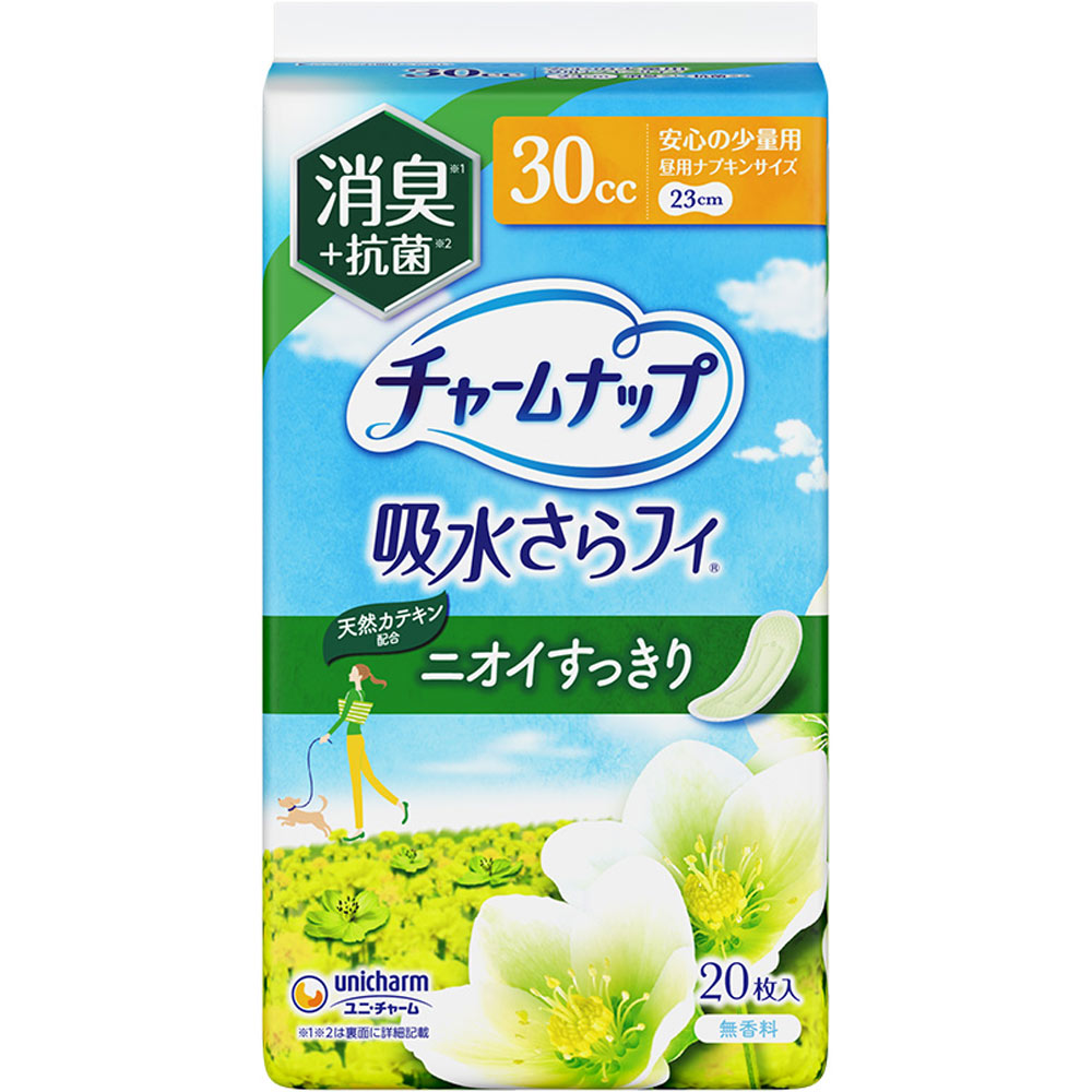 ※ご注意ください！！ご注文いただいてからのお取り寄せとなります。 ●商品の改訂により商品のデザイン、パッケージに記載されている内容と異なる場合があります。 【商品の特徴】昼用ナプキンサイズ30cc 23cm消臭※1＋抗菌※2吸水さらフィ天然カテキン配合ニオイすっきり無香料No．1※3売上数量ニオイを消臭＋抗菌消臭ポリマー※1配合で気になるニオイもギュッと吸引！瞬間さらっと吸収体で瞬間吸収！お肌さらさら！抗菌シート搭載で菌の繁殖を防ぐ※2通気性シートで快適※1 ポリマーによるアンモニアに対する消臭効果。※2 セチルピリジニウムクロリドによる抗菌効果。抗菌加工部位の表面での細菌の増殖のみを抑制。すべての細菌の増殖を抑制するわけではない。（一社）日本衛生材料工業連合会抗菌自主基準による。※3 インテージSRI＋調べ成分失禁パッド市場 2017年1月〜2024年12月年間累計販売容量シリーズランキング抗菌剤の種類：セチルピリジニウムクロリド抗菌加工部位：ティッシュ●裏面にテープがついています。●カンタンに取り出せる個包装です。【内容量】20枚【成分・原材料・素材等】＜構成材料＞表面材：ポリオレフィン・ポリエステル不織布色調：白【原産国】日本【発売元、製造元、販売元又は輸入元】ユニ・チャーム（株）【広告文責】株式会社富士薬品0120-51-2289