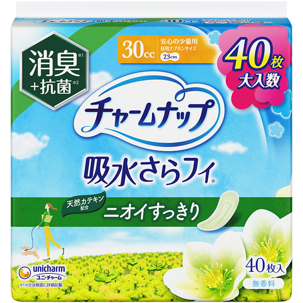 ※ご注意ください！！ご注文いただいてからのお取り寄せとなります。 ●商品の改訂により商品のデザイン、パッケージに記載されている内容と異なる場合があります。 【商品の特徴】大入数昼用ナプキンサイズ30cc 23cm消臭※1＋抗菌※2吸水さらフィ天然カテキン配合ニオイすっきり無香料No．1※3売上数量ニオイを消臭＋抗菌消臭ポリマー※1配合で気になるニオイもギュッと吸引！瞬間さらっと吸収体で瞬間吸収！お肌さらさら！抗菌シート搭載で菌の繁殖を防ぐ※2通気性シートで快適※1 ポリマーによるアンモニアに対する消臭効果。※2 セチルピリジニウムクロリドによる抗菌効果。抗菌加工部位の表面での細菌の増殖のみを抑制。すべての細菌の増殖を抑制するわけではない。（一社）日本衛生材料工業連合会抗菌自主基準による。※3 インテージSRI＋調べ成分失禁パッド市場 2017年1月〜2024年12月年間累計販売容量シリーズランキング抗菌剤の種類：セチルピリジニウムクロリド抗菌加工部位：ティッシュ●裏面にテープがついています。●カンタンに取り出せる個包装です。【内容量】40枚【成分・原材料・素材等】＜構成材料＞表面材：ポリオレフィン・ポリエステル不織布色調：白【原産国】日本【発売元、製造元、販売元又は輸入元】ユニ・チャーム（株）【広告文責】株式会社富士薬品0120-51-2289