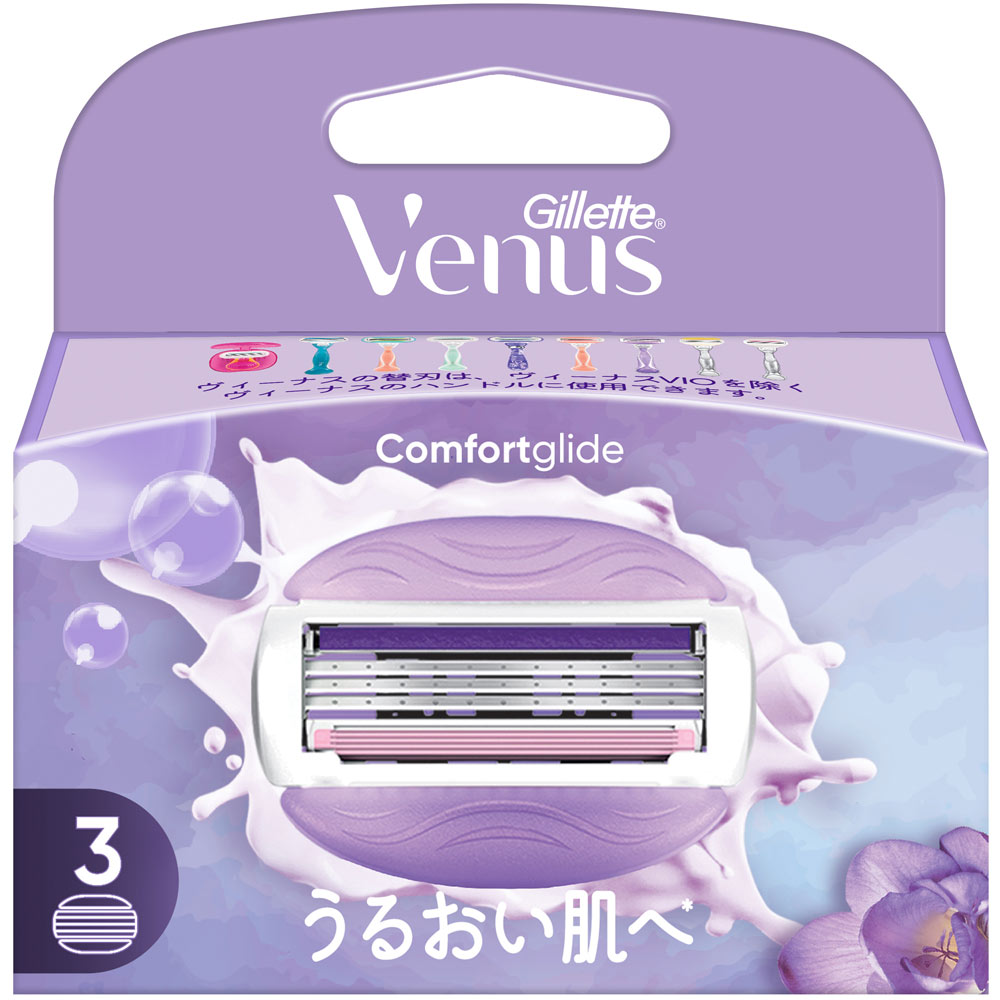 ※ご注意ください！！ご注文いただいてからのお取り寄せとなります。 ●商品の改訂により商品のデザイン、パッケージに記載されている内容と異なる場合があります。 【商品の特徴】ヴィーナスの替刃は、ヴィーナスVIOを除くヴィーナスのハンドルに使用できます。うるおい肌へ3枚刃○うるおいグライドジェルお肌を保護するグライドジェルスミレの香りなめらかシェービング○スキンクッション剃ってるときのひりつき感、軽減肌まもってシェービング【内容量】3個入【原産国】ポーランド【発売元、製造元、販売元又は輸入元】P＆Gジャパン（合）【広告文責】株式会社富士薬品0120-51-2289