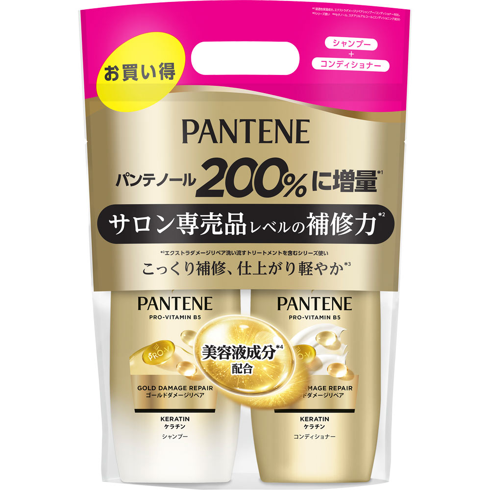 ※ご注意ください！！ご注文いただいてからのお取り寄せとなります。 ●商品の改訂により商品のデザイン、パッケージに記載されている内容と異なる場合があります。 【商品の特徴】お買い得 シャンプー＋コンディショナー美容液成分＊1配合サロン専売品レベルの補修力＊2こっくり補修、仕上がり軽やか＊3パンテノール200％に増量＊4髪のケラチンが不足すると、切れ毛になりやすく、くすんだダメージの目立つ傷んだ髪に。ゴールドダメージリペアシリーズは、パンテノールを200％に増量＊4。髪をなめらかにし、切れ毛を防ぎます。気分が上がるピンクグレープフルーツ＆ピンクピオニーとアンバーの香り。あなただけの心地良いサロン空間へ。TOP：ピンクグレープフルーツMIDDLE：ピンクピオニーBASE：アンバー＊1 セタノール、ステアリルアルコール（コンディショニング成分）＊2 エクストラダメージリペア洗い流すトリートメントを含むシリーズ使い＊3 シリーズ使い＊4 浸透性保湿成分。エクストラダメージリペアシャンプー／コンディショナー対比【商品区分】化粧品【内容量】1セット【成分・原材料・素材等】＜成分＞○ゴールドダメージリペア シャンプー水、ラウレス硫酸Na、塩化Na、キシレンスルホン酸Na、コカミドプロピルベタイン、ラウリル硫酸Na、ステアリルアルコール、パンテノール、加水分解ケラチン（羊毛）、ヒスチジン、クエン酸Na、香料、セタノール、グリセリン、グアーヒドロキシプロピルトリモニウムクロリド、クエン酸、安息香酸Na、EDTA-4Na、ポリクオタニウム-6、トリヒドロキシステアリン、メチルクロロイソチアゾリノン、メチルイソチアゾリノン○ゴールドダメージリペア コンディショナー水、ステアリルアルコール、ベヘントリモニウムメトサルフェート、シリコーンクオタニウム-26、セタノール、パンテノール、加水分解ケラチン（羊毛）、ヒスチジン、イソプロパノール、香料、ベンジルアルコール、EDTA-2Na、ポリソルベート20、クエン酸、メチルイソチアゾリノン、メチルクロロイソチアゾリノン、黄4、赤227、青1【用法・用量・使用方法】＜使い方＞○ゴールドダメージリペア シャンプー髪の長さに合わせて1〜3プッシュを手に取り軽く泡立てます。ぬれた地肌と髪にやさしくマッサージし、きれいに洗い流します。○ゴールドダメージリペア コンディショナーシャンプーの後、軽く水気をきります。髪の長さに合わせて1〜3プッシュを手に取り、髪全体になじませ、洗い流します。【原産国】タイ【発売元、製造元、販売元又は輸入元】P＆Gジャパン（合）【広告文責】株式会社富士薬品0120-51-2289