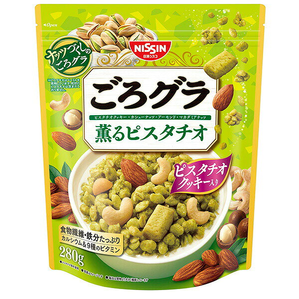※期間限定品のため、メーカー在庫によってはお届けできない場合があります。予めご了承ください。 ※配送センター出荷のため代金引換はご利用いただけません。 ※お取り寄せ商品です。在庫状況により発送まで1週間程度かかる場合がございます。 ※商品は当社指定業者にて発送いたします。 ※複数の商品をご注文いただいた際、発送元が異なる場合は、別送となります。 ※配送センター出荷のため納品書などは同梱されておりません。 ●商品の改訂により商品のデザイン、パッケージに記載されている内容と異なる場合があります。 【品名・名称】シリアル（グラノーラ）【商品の特徴】ピスタチオ好きがときめくおいしさ！ピスタチオクッキーと3種のナッツが入った、ナッツづくしのグラノーラ【内容量】280g×8袋 (1ケース)【原材料】オーツ麦フレーク（オーストラリア製造又はイギリス製造又はその他）、小麦シリアルパフ(大豆を含む)、ライ麦シリアルパフ（コーングリッツ、ライ麦粉、小麦粉、その他）、砂糖、植物油脂、ピスタチオクッキー（小麦粉、砂糖、ショートニング、ピスタチオペースト、でん粉、食塩）、水溶性食物繊維、アーモンド、カシューナッツ、デキストリン、マカダミアナッツ、乳糖、ピスタチオペースト／炭酸カルシウム、クチナシ色素、香料、乳化剤、ビタミンC、酸化防止剤(ビタミンE、ビタミンC)、ピロリン酸鉄、カゼインNa、ナイアシン、パントテン酸カルシウム、ビタミンB6、ビタミンB1、ビタミンB2、葉酸、ビタミンD、ビタミンB12【栄養成分表示】1食40g当たり：エネルギー：178kcalたんぱく質：3.4g脂質：7.5gコレステロール：0mg炭水化物：27.2g-糖質：22.8g-食物繊維：4.4g食塩相当量：0.26gカルシウム：51mg鉄：4.2mgナイアシン：3.0mgパントテン酸：0.60mgビタミンB1：0.29mgビタミンB2：0.11mgビタミンB6：0.36mgビタミンB12：0.32μgビタミンC：24mgビタミンD：2.6μg葉酸：80μgリン：74mgカリウム：84mg【賞味期限】別途パッケージに記載【保存方法】直射日光・高温多湿をおさけください。【発売元、製造元、販売元又は輸入元】日清シスコ株式会社　〒590-0823　大阪府堺市堺区石津北町80お客様相談室0120-937-0239:00〜17:00 （土・日・祝日を除く）【原産国】日本【広告文責】株式会社富士薬品0120-51-2289