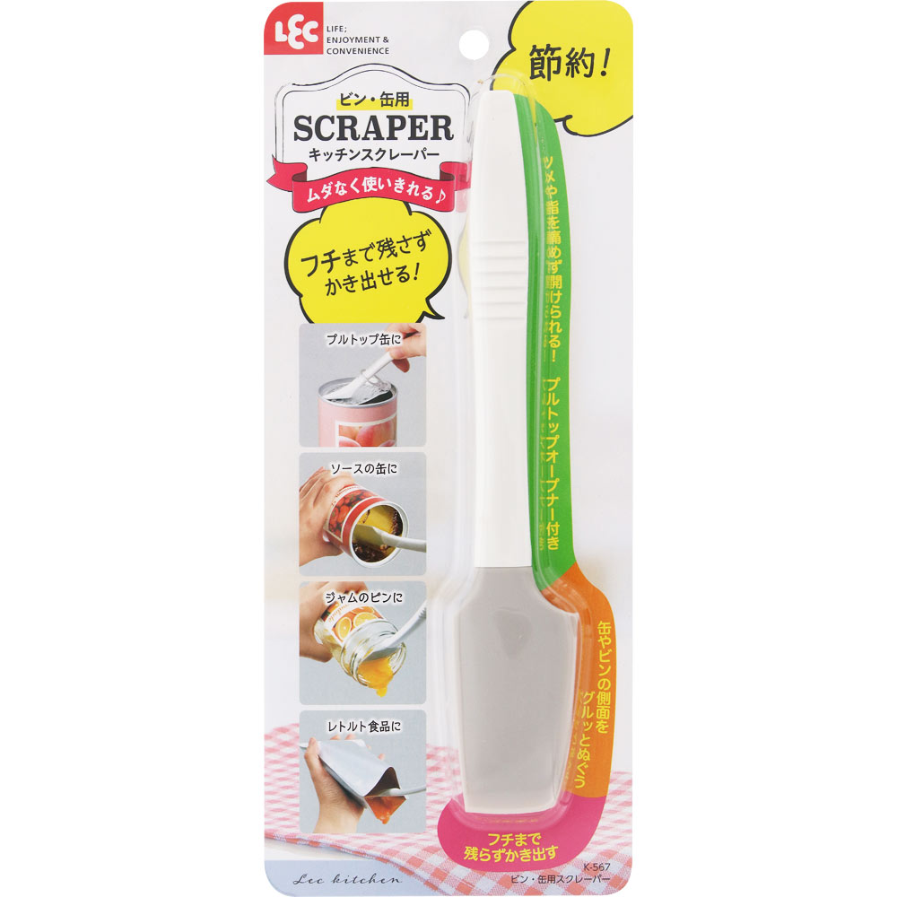 ※ご注意ください！！ご注文いただいてからのお取り寄せとなります。 ●商品の改訂により商品のデザイン、パッケージに記載されている内容と異なる場合があります。 【商品の特徴】本体サイズ（mm）：重量33（g）、幅35、奥行15、高さ190節約！キッチンスクレーパームダなく使いきれるフチまで残さずかき出せる！プルトップ缶に ソースの缶に ジャムのビンに レトルト食品にツメや指を痛めず開けられる！プルトップオープナー付き缶やビンの側面をグルッとぬぐうフチまで残らずかき出す●指先を痛めずにプルトップ缶を開けられます。●残りやすい缶入りソース・ビン入りジャム・パウチ入りのソースなどをムダなく使い切れます。●シリコーンゴムで弾力があるのできれいにぬぐえます。●ヘラの先端でビン・缶のフチも残さずかき出せます。●コンパクトなのでスプーンなどと一緒に収納できます。○耐熱温度柄：80度ヘラ：200度●この製品は食品衛生法に適合しています。【内容量】1本【成分・原材料・素材等】＜原料樹脂＞柄・・・ABS樹脂ヘラ・・・シリコーンゴム【用法・用量・使用方法】＜使い方＞●ビン・缶などの容器やパウチ袋にヘラを密着させぬぐってください。プルトップ用オープナーの使い方1．スクレーパーの柄をプルリングに差し込み、90度立ち上げます。2．さらに柄を差し込み、すべり止めにリングを引掛け、プルトップを開けます。【保管及び取り扱い上の注意】●本来の用途以外には使用しないでください。●缶をぬぐう場合は、切り口でヘラを切らないようにご注意ください。●変形するおそれがありますのでフライパンや鍋などが熱いうちに使用しないでください。●火のそばには置かないでください。●ヘラはやわらかい材質なので、無理な力で使用すると裂けるおそれがあります。●汚れや油分の多いものにつけたまま放置しないでください。商品が変色・変質するおそれがあります。●食器洗い乾燥機に入れないでください。●変形するおそれがありますので煮沸消毒や熱湯消毒はしないでください。●お手入れはスポンジで台所用中性洗剤を用いて洗ってください。汚れが気になる場合は漂白してください。●廃棄時は各自治体の定める方法に従って処理してください。【原産国】日本【発売元、製造元、販売元又は輸入元】レック（株）【広告文責】株式会社富士薬品0120-51-2289