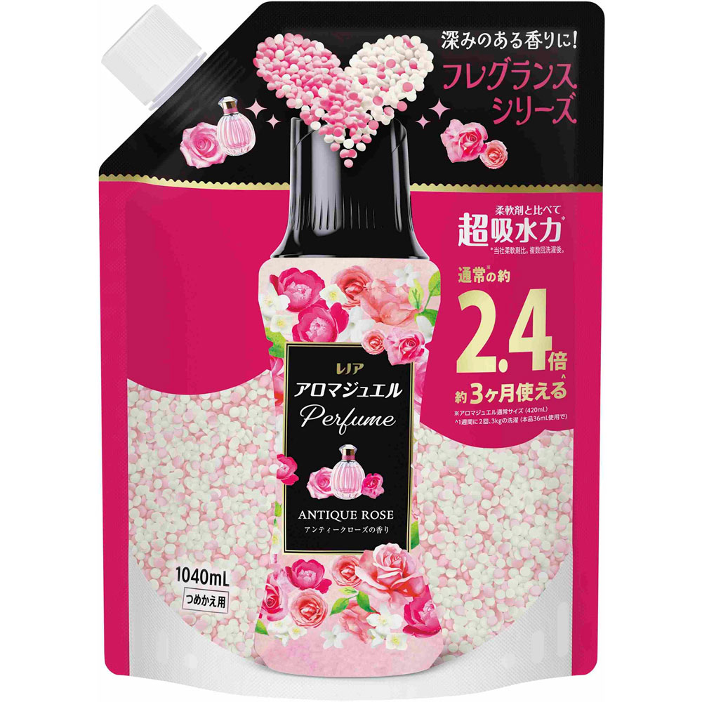 ※ご注意ください！！ご注文いただいてからのお取り寄せとなります。 ●商品の改訂により商品のデザイン、パッケージに記載されている内容と異なる場合があります。 【商品の特徴】通常※の約2.4倍約3ヶ月使える＾※アロマジュエル通常サイズ（420mL）＾1週間に2回、3kgの洗濯（本品36mL使用で）2色の香水ビーズ。複雑で深みのある香り。柔軟剤より上質なフレグランスが香水よりやさしく、長く続きます。ローズの香水をイメージ上品なフローラルの中に、甘いピーチとアプリコットの温かさをブレンド。お洗濯のはじめに入れるだけ！1．洗濯槽にビーズを直接入れるだけ2．洗剤や柔軟剤をいつも通り入れる空気を含んだビーズだからよく溶ける「すすぎ1回」で香りもっと長続き！溶け残りも心配なし！おしゃれ着コースやドライコースでお使いの場合、製品を溶かしてから、衣類を入れてください。柔軟剤と比べて、超吸水＊＆香り長続き＊当社柔軟剤比。複数回洗濯後。縦型 ドラム式 どちらでもOK【内容量】1040mL【成分・原材料・素材等】＜成分＞安定化剤、香料【用法・用量・使用方法】＜使用量の目安＞衣料1kgに対して12mL＜用途＞綿・毛・絹・化学繊維用【原産国】中国【発売元、製造元、販売元又は輸入元】P＆Gジャパン（合）【広告文責】株式会社富士薬品0120-51-2289