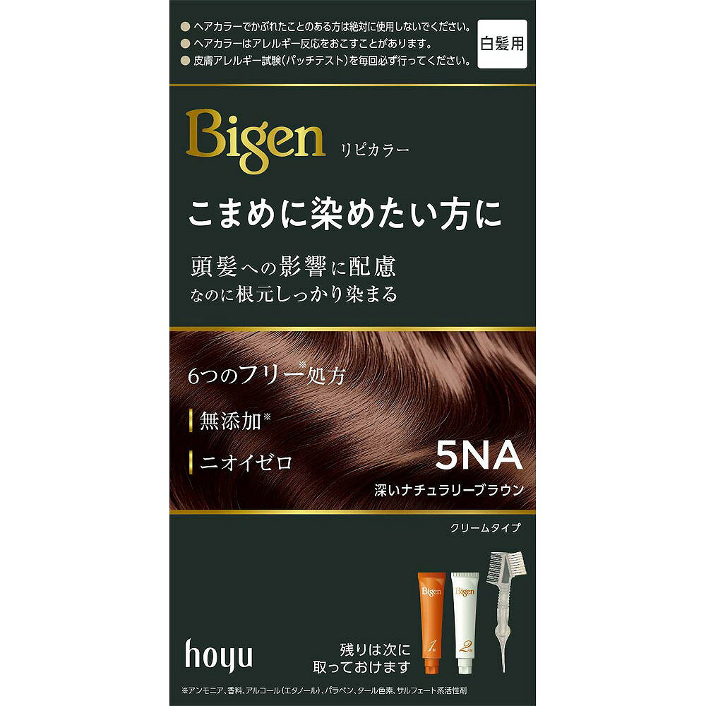 ※ご注意ください！！ご注文いただいてからのお取り寄せとなります。 ●商品の改訂により商品のデザイン、パッケージに記載されている内容と異なる場合があります。 【商品の特徴】白髪用こまめに染めたい方に頭皮への影響に配慮 なのに根元しっかり染まるクリームタイプ残りは次に取っておけますずっと使うものだから頭髪への影響に配慮したヘアカラー○6つのフリー※1処方・無添加※1・過酸化水素10％カット※2・キューティクル保護※3 毛髪保護※4 成分配合・うるおい成分配合※5・染めた後までニオイゼロ※6ビゲンの独自技術で生え際もしっかり染まる※1 アンモニア、香料、アルコール（エタノール）、パラベン、タール色素、サルフェート系活性剤※2 AE オキサイド（C）比※3 サッカリンNa（毛髪保護成分）※4 グリチルリチン酸2K※5 赤ワイン酵母エキス（酵母エキス-3）※6 ニオイの感じ方は個人差があります髪を分けてぬりやすいコームブラシ付リタッチに便利【商品区分】医薬部外品【内容量】1個【成分・原材料・素材等】○A11 ヘアカラー 1剤A 5NA＜有効成分＞5-アミノオルトクレゾール、塩酸2，4-ジアミノフェノキシエタノール、パラアミノフェノール、メタアミノフェノール、硫酸トルエン-2，5-ジアミン、レゾルシン＜その他の成分＞BG、HEDTA・3Na2水塩、PEG（20）、PG、POEオレイルエーテル、POEステアリルエーテル、POEセチルエーテル、アスコルビン酸、アラキルアルコール、グリチルリチン酸2K、サッカリンNa、ジメチコン、ステアリルアルコール、ステアルトリモニウムクロリド、モノエタノールアミン、ルチン、ワセリン、塩化K、塩化ヒドロキシエチルセルロースジメチルジアリルアンモニウム、酵母エキス-3、水酸化Na、無水亜硫酸Na○HC オキサイド 2剤A＜有効成分＞過酸化水素水＜その他の成分＞POEステアリルエーテル、POEセチルエーテル、ジメチコン、ステアリルアルコール、ステアルトリモニウムクロリド、ヒドロキシエタンジホスホン酸4Na液、ヒドロキシエタンジホスホン酸液、フェノキシエタノール、ベヘニルアルコール、ポリ塩化ジメチルジメチレンピロリジニウム液、高重合ジメチコン-1、流動パラフィン【用法・用量・使用方法】＜使用量の目安＞ショートヘア（髪全体）約1回分髪の量が多い方は2箱ご用意ください1 混合クリームをつくる1剤と2剤を同量出し、よく混ぜます。2 クリームをぬる乾いた髪に、コームブラシでムラなくぬります。白髪が気になる部分には、たっぷりぬります。15分放置3 洗い流すよくすすぎ、シャンプー・コンディショナーで仕上げます。【原産国】日本【発売元、製造元、販売元又は輸入元】ホーユー（株）【広告文責】株式会社富士薬品0120-51-2289