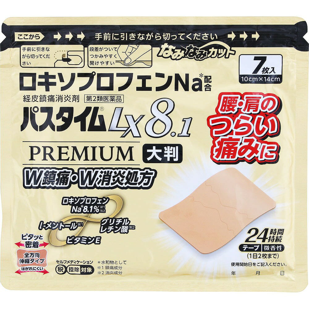 この商品はセルフメディケーション税制対象商品です　　　・2017年1月から始まった「セルフメディケーション税制（医療費控除の特例）」において、　　　　医療費控除の対象となるOTC医薬品です。　　　・申告時に必要な 納品書は商品に同梱しておりません、WEBからダウンロードが可能です。　　　■セルフメディケーション税制についてはこちら※商品の改訂により商品のデザイン、パッケージに記載されている内容と異なる場合があります。【商品の特徴】段差がついてつかみやすく開けやすいなみなみカットロキソプロフェンNa＊配合ロキソプロフェンNa＊8.1％※1※2l-メントール※1グリチルレチン酸※2ビタミンE＊水和物として※1 鎮痛成分※2 消炎成分ピタッと密着全方向伸縮タイプはがれにくい24時間持続微香性（1日2枚まで）【使用上の注意】＜してはいけないこと＞（守らないと現在の症状が悪化したり、副作用が起こりやすくなります）1．次の人は使用しないでください。（1）本剤又は本剤の成分によりアレルギー症状を起こしたことがある人（2）本剤又は他の解熱鎮痛薬、かぜ薬、外用鎮痛消炎薬を使用してぜんそくを起こしたことがある人（3）15歳未満の小児2．次の部位には使用しないでください。（1）目の周囲、粘膜等（2）湿疹、かぶれ、傷口（3）みずむし・たむし等又は化膿している患部3．本剤を使用している間は，他の外用鎮痛消炎薬を使用しないでください。4．連続して2週間以上使用しないでください。（本剤は痛みを一時的におさえるものです。痛み等の症状が継続する場合には、使用を中止し、医師の診療を受けてください）＜相談すること＞1．次の人は使用前に医師、薬剤師又は登録販売者に相談してください。（1）医師の治療を受けている人（2）薬などによりアレルギー症状を起こしたことがある人（3）妊婦又は妊娠していると思われる人（4）高齢者（5）次の診断を受けた人 気管支ぜんそく2．使用後、次の症状があらわれた場合は副作用の可能性がありますので、直ちに使用を中止し、この説明文書を持って医師、薬剤師又は登録販売者に相談してください。関係部位・・・症状皮膚・・・発疹・発赤、かゆみ、はれ、ヒリヒリ感、かぶれ、水疱、青あざができる、色素沈着消化器・・・胃部不快感、みぞおちの痛みその他・・・むくみまれに下記の重篤な症状が起こることがあります。その場合は直ちに医師の診療を受けてください。症状の名称・・・症状ショック（アナフィラキシー）・・・使用後すぐに、皮膚のかゆみ、じんましん、声のかすれ、くしゃみ、のどのかゆみ、息苦しさ、動悸、意識の混濁等があらわれる。3．使用後、次の症状があらわれることがありますので、このような症状の持続又は増強が見られた場合には、使用を中止し、この説明文書を持って医師、薬剤師又は登録販売者に相談してください。下痢・軟便4．5~6日間使用しても症状がよくならない場合は使用を中止し、この説明文書を持って医師、薬剤師又は登録販売者に相談してください。（他の疾患の可能性があります）【効果・効能】腰痛、肩こりに伴う肩の痛み、関節痛、筋肉痛、腱鞘炎（手・手首の痛み）、肘の痛み（テニス肘など）、打撲、捻挫【内容量】7枚【成分】膏体100g中［1枚あたり（10cm×14cm）膏体量1.4g］成分・・・分量ロキソプロフェンナトリウム水和物（無水物として7.14g）・・・8.10gl-メントール・・・3.50gトコフェロール酢酸エステル・・・2.30gグリチルレチン酸・・・0.10g添加物：スチレン・イソプレン・スチレンブロック共重合体、ポリイソブチレン、脂環族飽和炭化水素樹脂、水素添加ロジングリセリンエステル、流動パラフィン、ジブチルヒドロキシトルエン、その他3成分【用法・用量・使用方法】＜用法・用量＞表面のライナー（フィルム）をはがし、1日1回患部に貼付してください。＜用法用量に関する注意事項＞（1）用法・用量を厳守してください。（2）本剤は、痛みやはれ等の原因になっている病気を治療するのではなく、痛みやはれ等の症状のみを治療する薬剤なので、症状がある場合だけ使用してください。（3）1日あたり2枚を超えて使用しないでください。（4）汗をかいたり、患部がぬれている時は、よく拭き取ってから使用してください。（5）皮膚の弱い人は、使用前に腕の内側の皮膚の弱い箇所に、1~2cm角の小片を目安として半日以上貼り、発疹・発赤、かゆみ、かぶれ等の症状が起きないことを確かめてから使用してください。【保管及び取り扱い上の注意】（1）直射日光の当たらない湿気の少ない涼しい所に保管してください。（2）小児の手の届かない所に保管してください。（3）他の容器に入れ替えないでください。（誤用の原因になったり品質が変わります）（4）品質保持のため、開封後の未使用分は袋に入れ、袋をきちんと閉めて保管してください。（5）表示の使用期限を過ぎた製品は使用しないでください。また、アルミ袋を開封した後は、なるべく早く使用してください。
