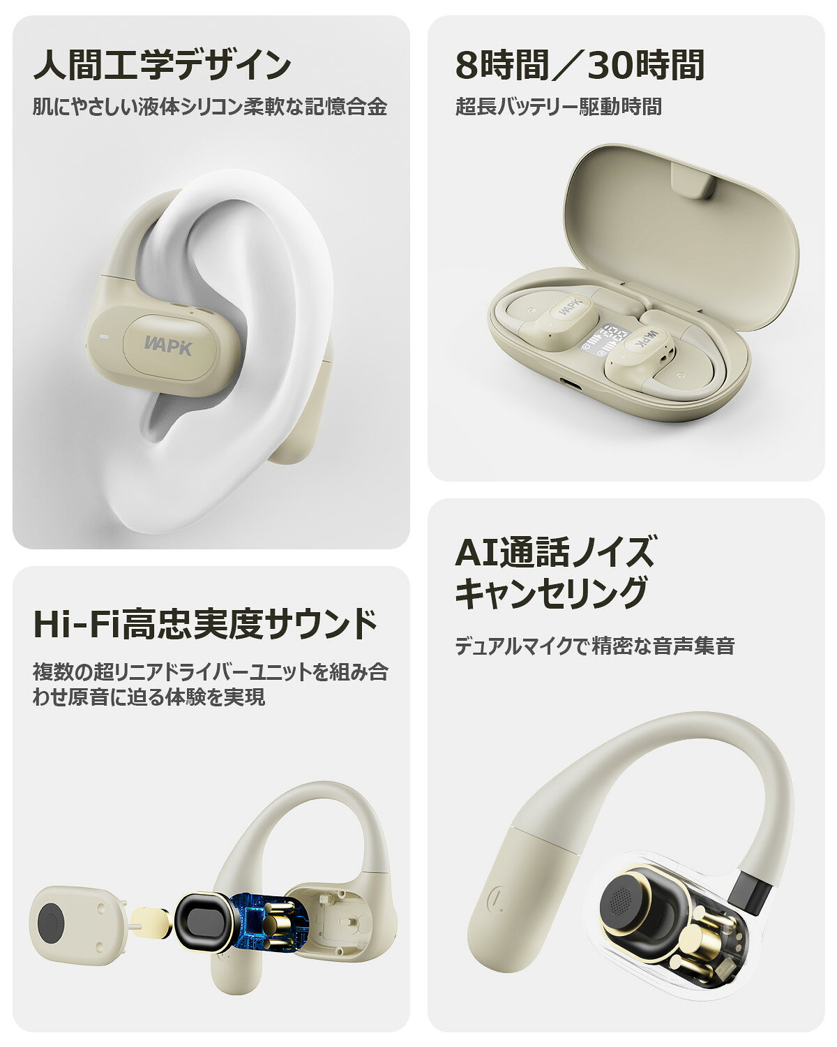 Wapik正規品 ワイヤレスイヤホン 骨伝導 bluetooth イヤホン bluetooth5.4 耳を塞がない 指向性音声 イヤホン 耳掛け 空気伝導 骨伝導 イヤホン マイク付き ENC ノイズキャン Hi-Fi音質 自動ペア iPhone/Android対応 残量表示 seinankabu-10000942 誠南楽天市場店 サンプル画像2