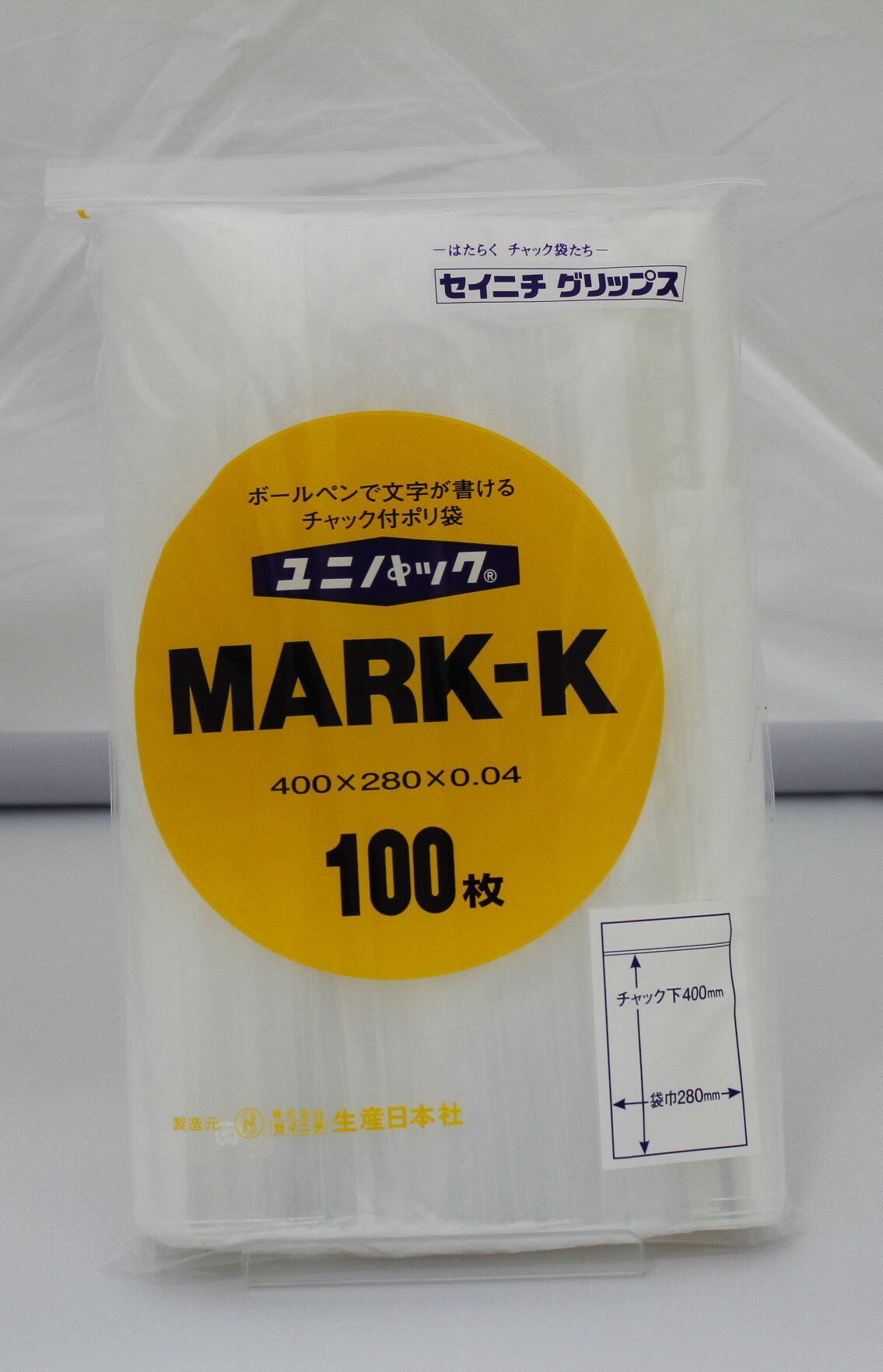 セイニチ公式 ユニパック MARK-K チャック付ポリ袋 100枚入 日本製 白ベタ印刷部分にボールペン、サイ..