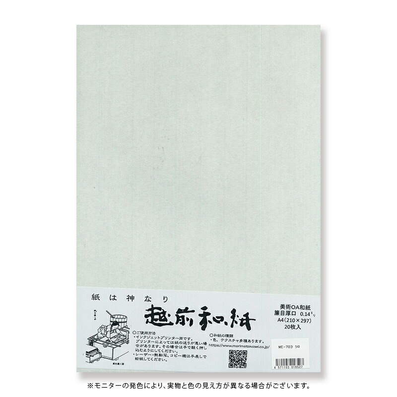 越前和紙ろまん　簾目紙　厚口　白ME-703　A4　厚さ0.14mm20枚入り　プリンター用紙　簾状の凹凸のあるOA和紙