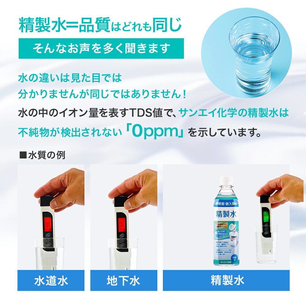 サンエイ化学の呼吸器用精製水は 日本薬局方および日本産業規格 Jis におけるa2クラスの規格をクリアした製品です Cpapのチャンバー用水 水素吸入器 在宅酸素などの加湿用水として サンエイ化学 精製水 呼吸器用 2l 1本 水素 酸素 医療用 吸入器 呼吸器 吸引 イオン交換水