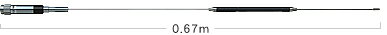 全長:0.67m ・重量:140g・利得:2.15dBi(430MHz)・耐入力:100W FM(合計)・インピーダンス:50Ω・VSWR:1.5以下・接栓:M-P・形式:1/4λ(144MHz)、1/2λノンラジアル(430MHz)・空中線型式:単一型【WHIP】※144MHz帯はボディをアースとして使用するので、基台とボディを完全に導通させてください。