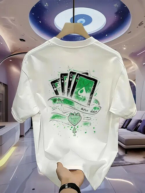 Rakuten - 200gのホワイト・クルーネック半袖Tシャツの背面には、A、J、Qのカードフェイス、グリーンのスプラッシュエフェクト、装飾的なテキストパターンなど、ブラックとグリーンのカラーコーディネートされたトランプ柄が施されている厚手で通気性に優れ、快適な着心地。