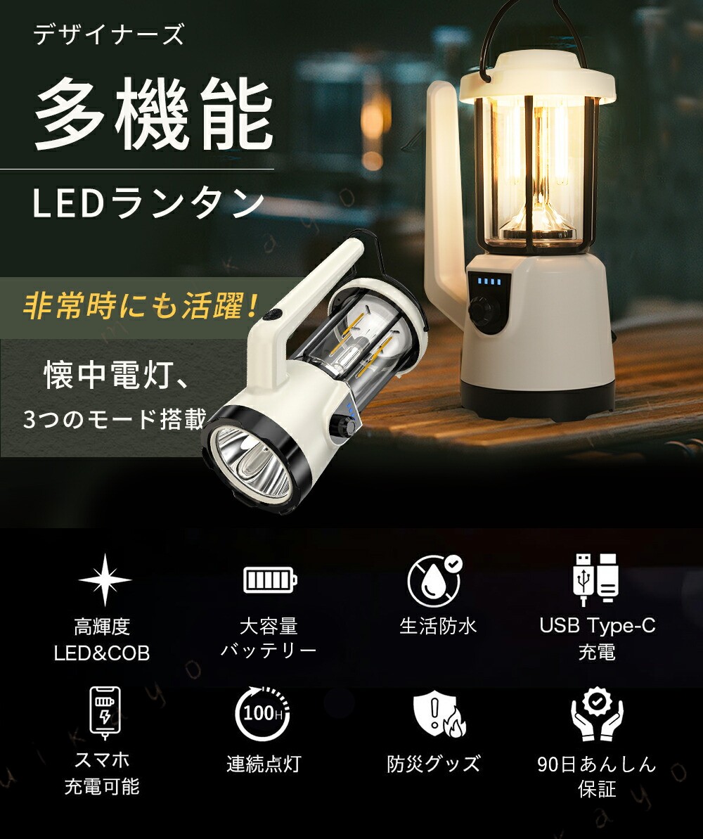 ランタン 懐中電灯 防災 停電対策 1台3役 3000mAh充電式 2灯式 無段階調光 モバイ...