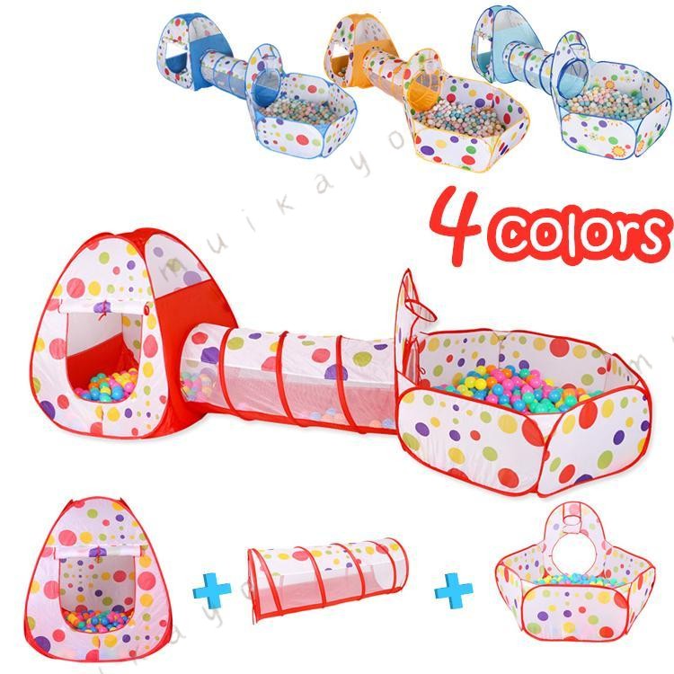 商品情報 仕様 サイズ(約) 組立時：全長300×高さ90cm -ミニテント：86×86×90cm -トンネル：106×47cm -ボールプール：120×120×75cm 収納時：直径48×厚さ4cm 重量：約1.2kg セット内容：ミニテント、トンネル、ボールプール、収納バッグ 対象年齢：3歳から 特徴 ●3in1キッズテント ミニテント+トンネル+ボールプールの3つのパーツがひとつになって使えますし、別々にも使えます。利用できるスーペスによって、設置します。屋外、屋内にも利用することが出来ます。 ●子供の遊び場 中にオモチャやボールを入れたり、トンネルに隠れたり、 バスケットゴールで遊んだり、使い方はいろいろ 遊具テントとして遊ぶだけではなく、遊び場やおままごとのお家などにもします。 ●組立/収納簡単 パッと開いて簡単設置 遊ばない時は折り畳んでコンパクトに収納。専用収納バッグでちょっとした隙間にしまっておけます。メーカー希望小売価格はメーカーカタログに基づいて掲載しています