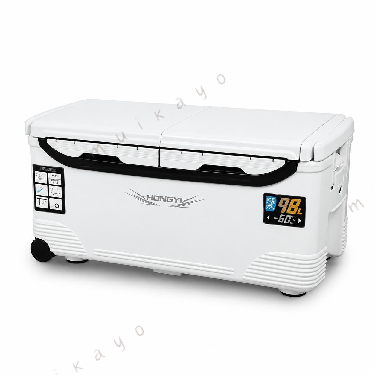 釣り用クーラーボックス 大容量 保冷力 32L 48L 60L 70L 72h 防水 断熱材 ハンドル 水栓 肩ベルト キャスター付き 白 黒 座れる頑丈マッスルボディ
