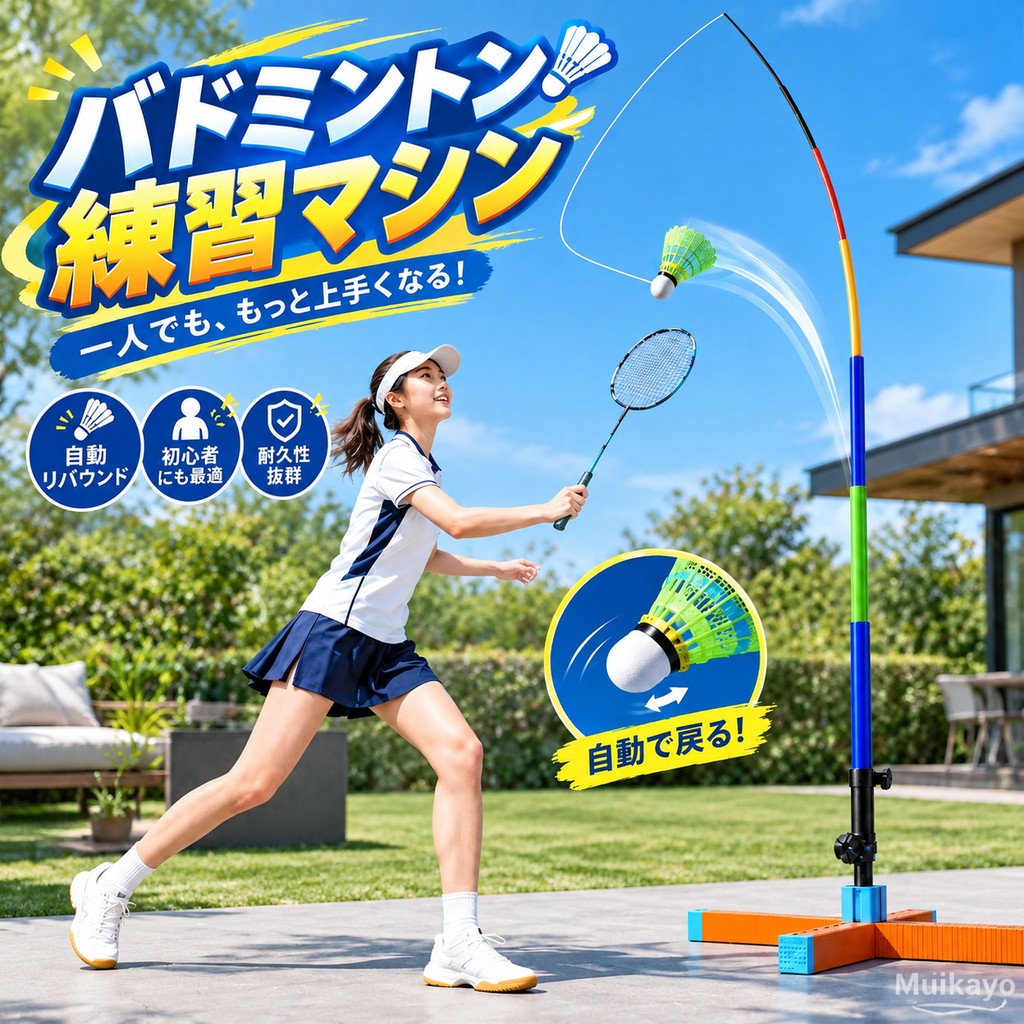商品情報製品仕様商品名：バドミントンひとり練習セット素材：ABS、樹脂、金属パーツサイズ：ポール長さ：約4mタイプ：自動リターン式、 式用途：屋外バドミントン練習、スポーツ遊びセット内容：注水式ベース×1、4m弾力ポール×1、接続パーツ×1式、取付部品×1式、耐打シャトル×3個商品のおすすめポイントPOINT1：ひとりでも繰り返し練習できるリターン式専用シャトルを使用した自動リターン設計。打ったシャトルが戻りやすいため、相手がいない時でも繰り返しラケット練習を楽しめます。POINT2：注水式ベースで屋外設置に便利ベース部分に水を入れることで重量を加え、公園や広場など屋外で使用しやすい設計です。POINT3：高さ調整可能で幅広く使える使用する方に合わせて高さを調整でき、子どもの練習から大人の運動まで活用できます。POINT4：シャトルを拾う手間を軽減打ったシャトルが戻るため、毎回拾いに行く回数を減らし、効率よく練習しやすい仕様です。POINT5： 式で収納・持ち運び便利使用しない時はコンパクトに収納しやすく、公園や旅行先、アウトドアにも持ち運びやすい設計です。POINT6：親子で楽しめるスポーツ遊びひとり練習だけでなく、親子での運動時間や家族で楽しむスポーツアイテムとして使用できます。POINT7：日常運動や気分転換にラケットを振る動作を取り入れた軽い運動として、日常の運動不足対策にもおすすめです。POINT8：屋外で楽しめるバドミントンセット公園、庭、アウトドアなど、十分なスペースを確保できる場所で楽しめるセットです。使用シーン公園遊び：家族や友人との外遊びに。親子時間：一緒に体を動かすスポーツ遊びに。アウトドア：旅行やキャンプなど屋外活動に。個人練習：ひとりでラケット操作の練習に。注意事項本商品はバドミントン練習やスポーツ遊びを目的とした商品です。競技用の専門トレーニング機器ではありません。ご使用前に、各パーツが正しく取り付けられていること、ベースが安定していることをご確認ください。注水式ベースは使用場所や水量によって安定性が異なります。必要に応じて十分な量の水を入れてご使用ください。強風時や天候の悪い環境では使用しないでください。転倒や破損の原因となる場合があります。使用時は周囲に人、家具、車、壊れやすい物がない安全な場所を選んでください。小さなお子様が使用する場合は、必ず保護者の方が見守りながらご使用ください。シャトルの戻り方や飛距離は、打ち方、風、設置場所、使用環境などによって異なる場合があります。ポールや接続部分に強い衝撃や過度な力を加えないでください。破損の原因となる場合があります。使用後は水を抜き、各パーツを乾燥させてから収納してください。商品サイズは測定方法により多少の誤差が生じる場合があります。撮影環境やモニター設定により、実際の商品カラーと画像の色味が異なって見える場合があります。検索キーワードバドミントン練習セット バドミントントレーナー 一人練習 バドミントンセット 自動リターン 屋外スポーツ 子供用 大人用 親子スポーツ 運動不足解消 スポーツ玩具 シャトル付き ラケット練習 公園遊び アウトドア おうちスポーツ