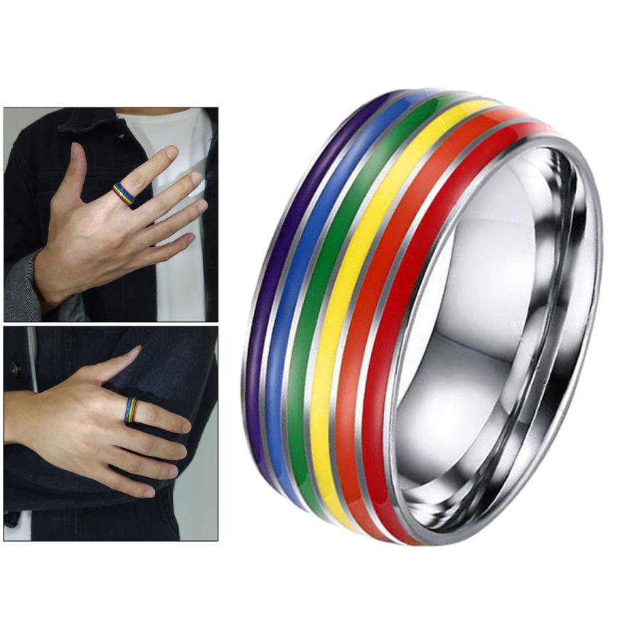 8mmステンレススチールエナメルレインボーLGBTプライドリングUS11サイズ20.7mm