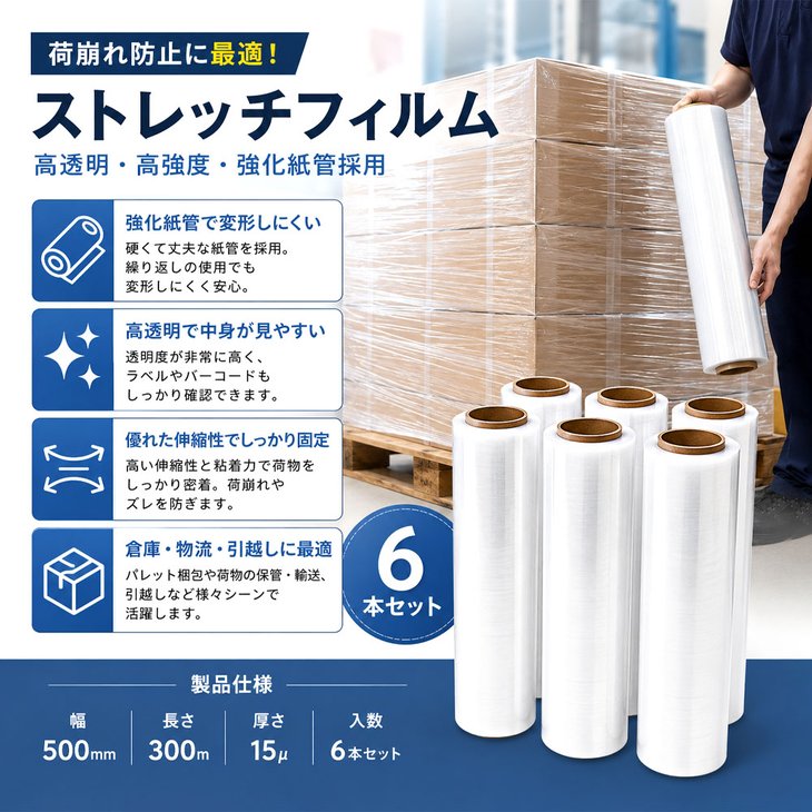 META-Xの梱包用ラップ 透明 6巻セット 500mm×300m 15ミクロン 業務用 C6【ic038】｜アングル3