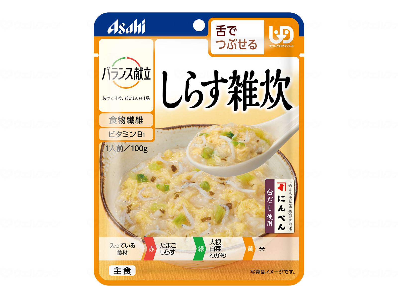 【商品詳細】 〇特徴 ・日常の食事から介護食まで幅広くお使いいただける、食べやすさに配慮した食品です ・大根・白菜とかき卵でやさしい風味に仕上げました ・「舌でつぶせる」は、水やお茶が飲み込みづらいことがあり、細かくてやわらかければ食べられる方を対象としたお食事です 〇仕様 ・内容量：100g ・原材料：精白米（国産）、鶏卵（国産）、野菜（だいこん、はくさい）、白だし（小麦・さば・大豆を含む）、イヌリン（食物繊維）、しらす、ちりめんエキス、植物油脂、こんぶエキス、食塩、米酢、乾燥わかめ／増粘剤（キサンタン）、調味料（アミノ酸等）、V.B1 ・栄養成分：エネルギー69kcal、たんぱく質2.5g、脂質2.0g、炭水化物11.9g、糖質8.7g、食物繊維3.2g、食塩相当量0.83g ・ご注意：モニターの発色具合によって実際の商品と色合いが異なる場合がございます。 関 連 商 品 舌でつぶせる 麻婆豆腐 5種野菜のきんぴら煮 京風五目豆 いわしと野菜の生姜煮 鶏五目雑炊 かぼちゃの鶏そぼろ煮 鯛雑炊 かに雑炊 ほたて雑炊 ふかひれ雑炊