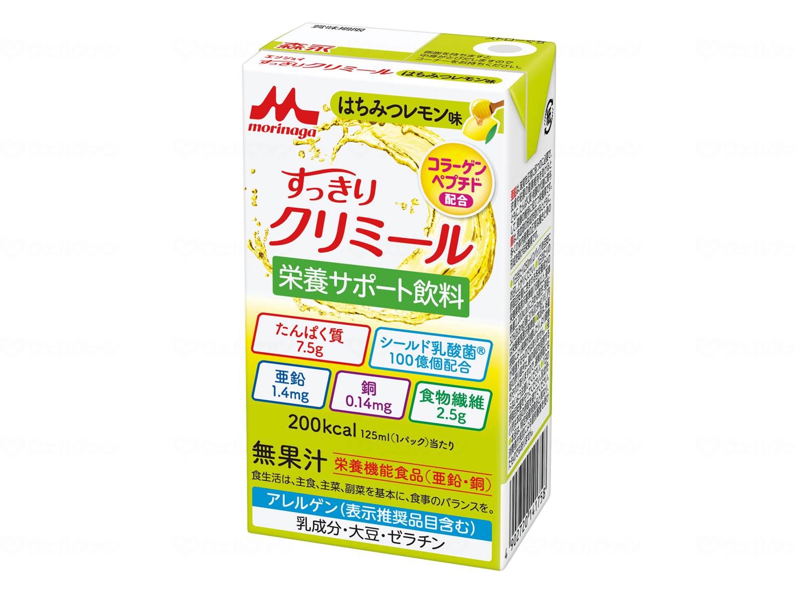 【商品詳細】 〇特徴 ・すっきり飲みやすい：乳ベースが苦手な方でも脂質ゼロですっきり飲みやすい ・しっかり栄養補給：クリアタイプでさっぱりとしながらも、しっかりと栄養補給ができる栄養補助飲料 ・使いやすい：エネルギー量・たんぱく質量はクリミールと同様で、味のバリエーションとしても使いやすい ・ 〇仕様 ・内容量：125mlx1パック ・原材料名：でんぷん分解物、コラーゲンぺプチド、グラニュー糖、難消化性デキストリン、乳酸菌（殺菌）/酸味料、香料、クチナシ色素、グルコン酸亜鉛、グルコン酸銅、（一部に乳成分・大豆・ゼラチンを含む） ・本品に含まれるアレルギー物質：乳、大豆・ゼラチン ・栄養成分：エネルギー200kcal、たんぱく質7.5g、脂質0g、炭水化物44.6g、食塩相当量0～0.2g ・ご注意：モニターの発色具合によって実際の商品と色合いが異なる場合がございます。