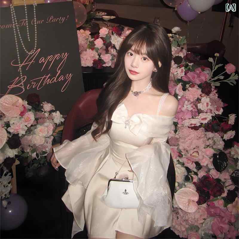 パーティー ドレス スタイル フランスの超 妖精 釣り シリーズ 娘 ワンショルダー ボウ ドレス 2025 夏..