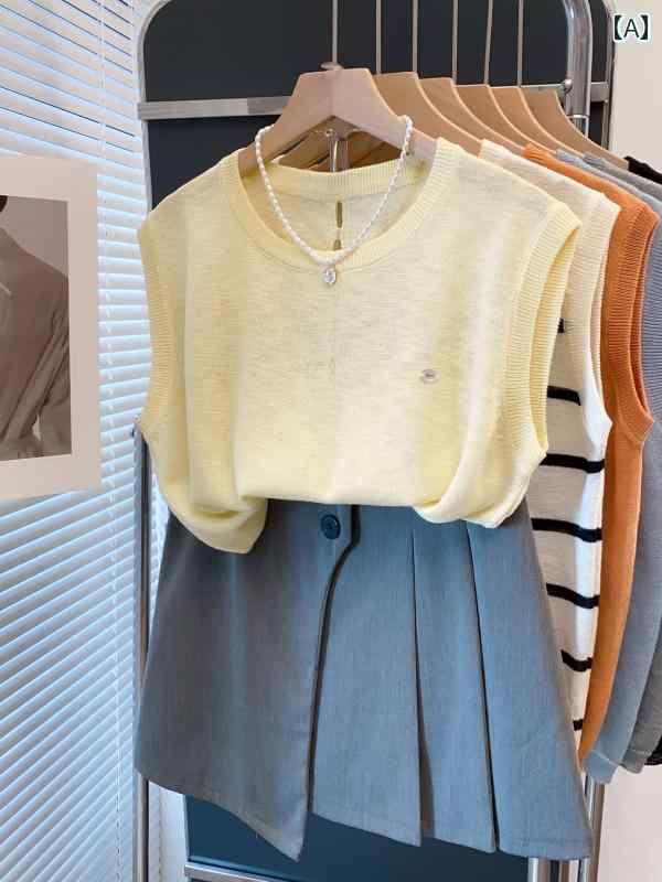 ニットキャミソール ベスト レディース ストライプ 柄 ラウンド ネック 中空 ニット セーター ベスト ..