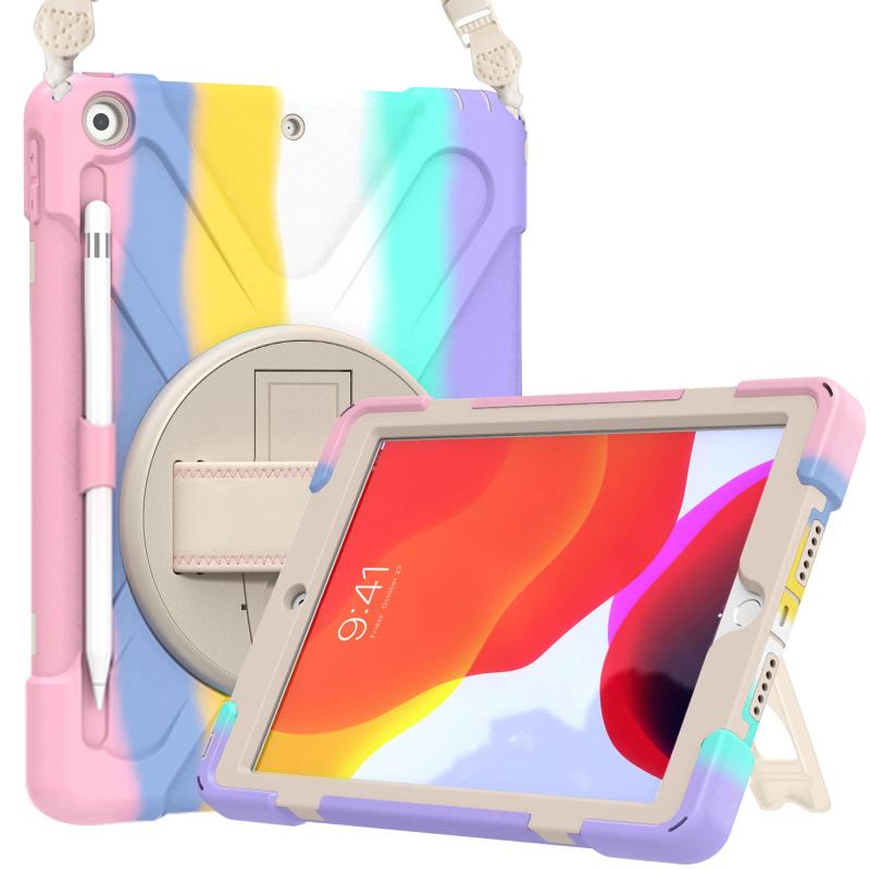 ProCase iPad 9/8/7 ショルダーケース 10.2”肩掛け式 耐衝撃カバー（2021 2020 2019) ペン収納 360°回転スタンド 手首付き 3層保護デザイン 現場作業 子供用