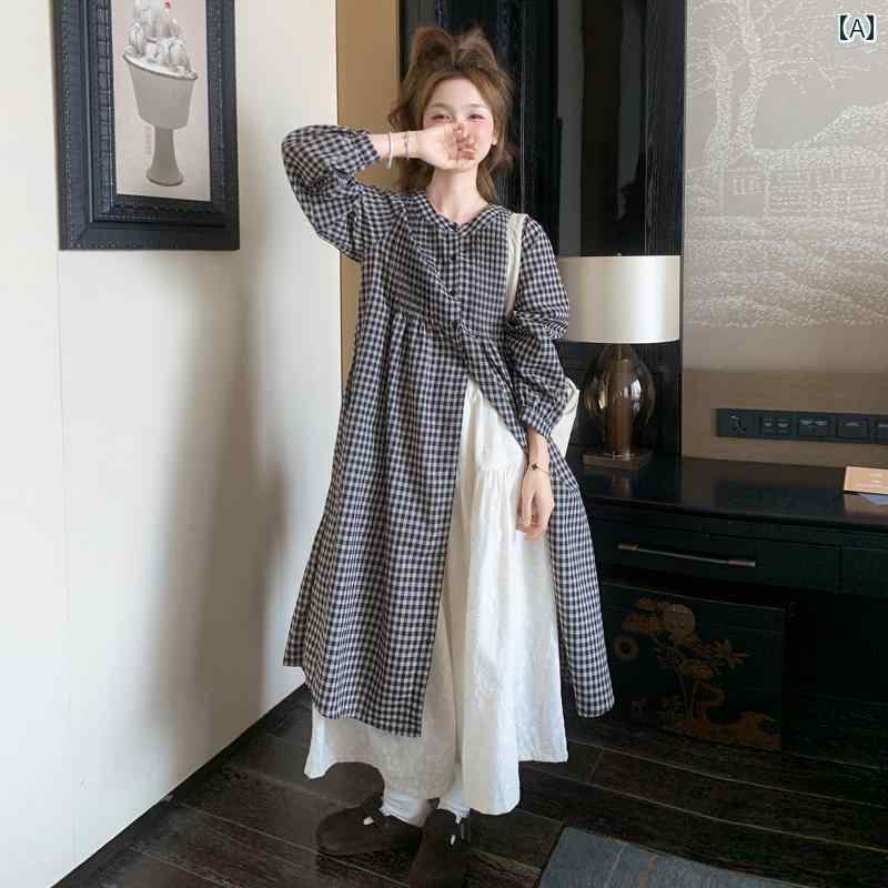 シャツ ドレス レディース 文学的な レトロな チェック 柄 シャツ ドレスに 白い スカートを 重ねた ツーピース スーツ 2025 春の 装い、 完璧な ツーピース スーツ