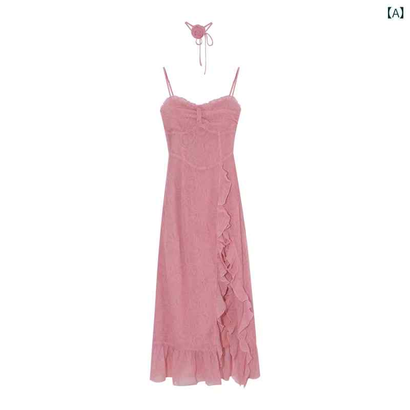 シフォン 花柄 ワンピース ピンクの 花柄 サスペンダー ドレス 女性 スリット ホット ガール スーツ 春 夏 ドーパミン ウェア スカート ハイ エンド ロング スカート