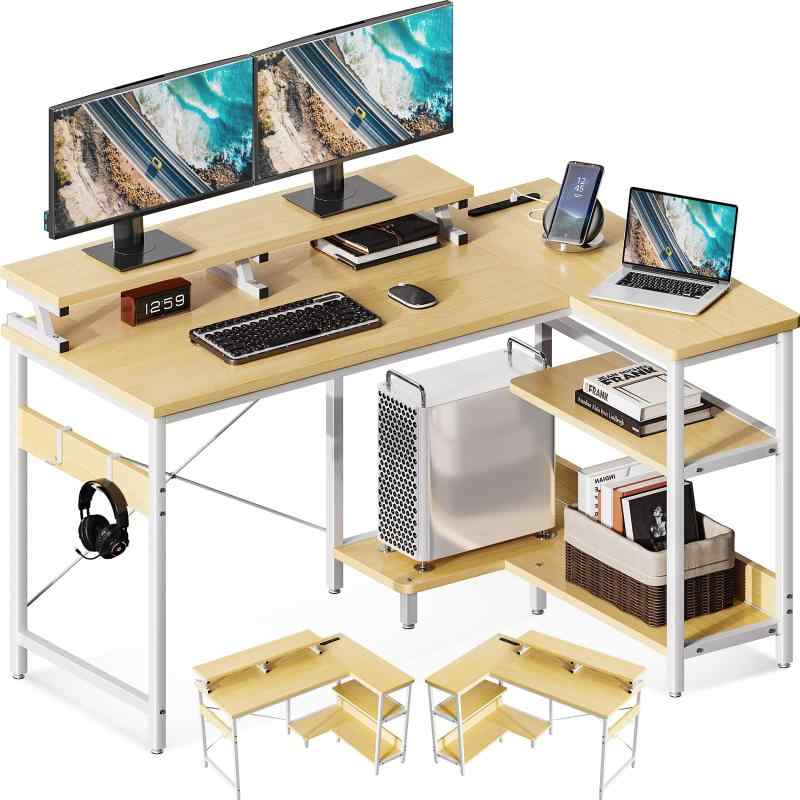 ODK L字型パソコンデスク ゲーミング用 幅120cm コンセント付き コーナー PCデスク ラック付き 収納 オフィス 省スペース 書斎 在宅勤務 組立簡単