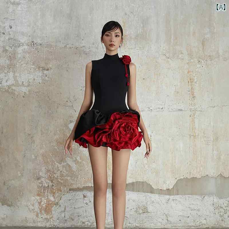 パーティー ドレス スタイル フレンチデザイン、 コント ラスト カラー、 立体的な フラワー ドレス、 ..