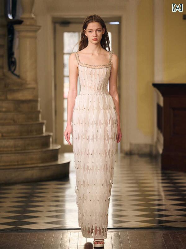 パーティー ドレス スタイル 高級な 軽い 高級 ホワイト フレンチスクエア カラーの ヘビーデューティー ドレス 2024 新作 婚約 成人 式 誕生日 パーティー ロング ドレス(4)