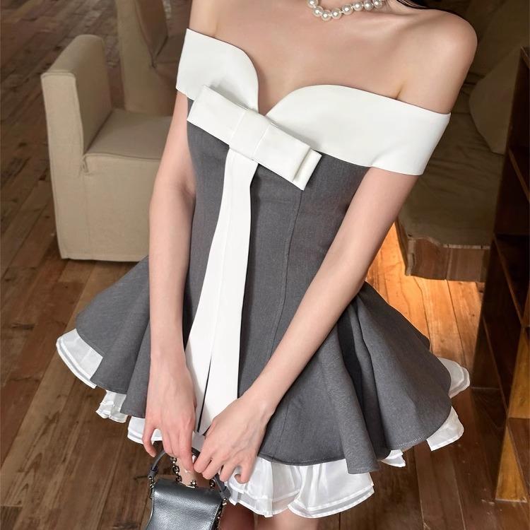 パーティー ドレス スタイル グレー シリーズ 千 金 リボン コント ラスト カラーステッチ ワンショル..